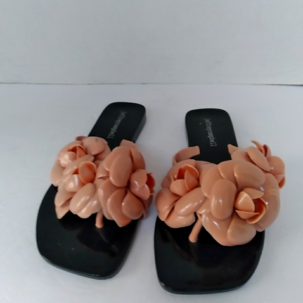 Jeffrey Campbell Flower Thong Sandals Slides Slip On‎ Black Beige